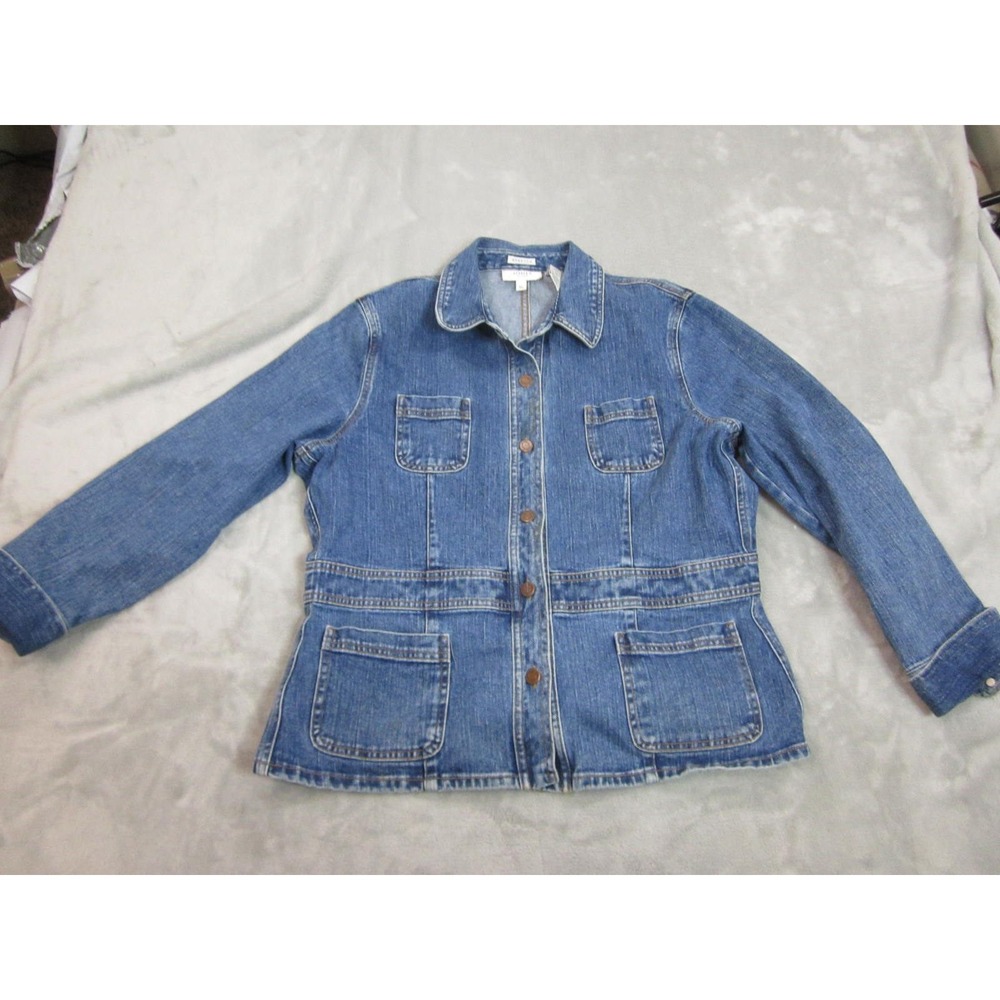 Jones Sport Denim Jacket Women XL Blue Good Stretch 4-Pocket Chore Trucker Coat